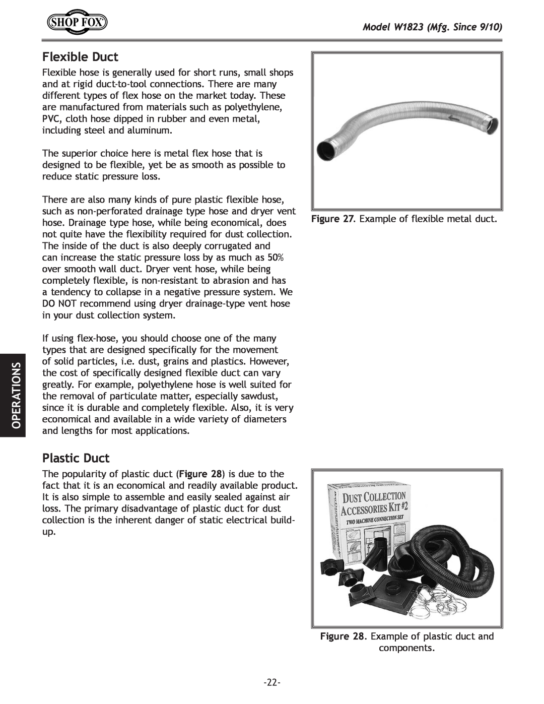 Woodstock manual Flexible Duct, Plastic Duct, Operations, Model W1823 Mfg. Since 9/10 
