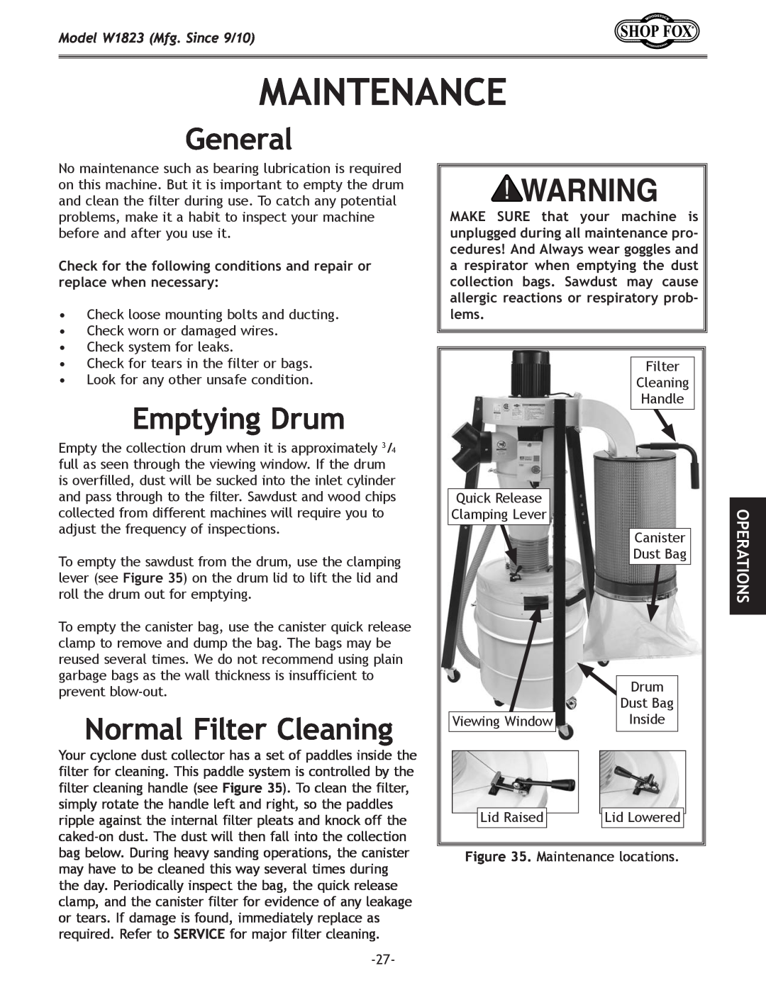 Woodstock manual Maintenance, General, Emptying Drum, Normal Filter Cleaning, Model W1823 Mfg. Since 9/10, Operations 