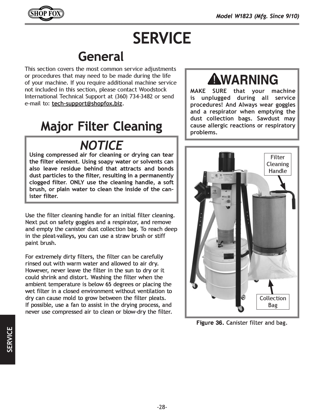 Woodstock manual Service, Major Filter Cleaning, General, Model W1823 Mfg. Since 9/10 