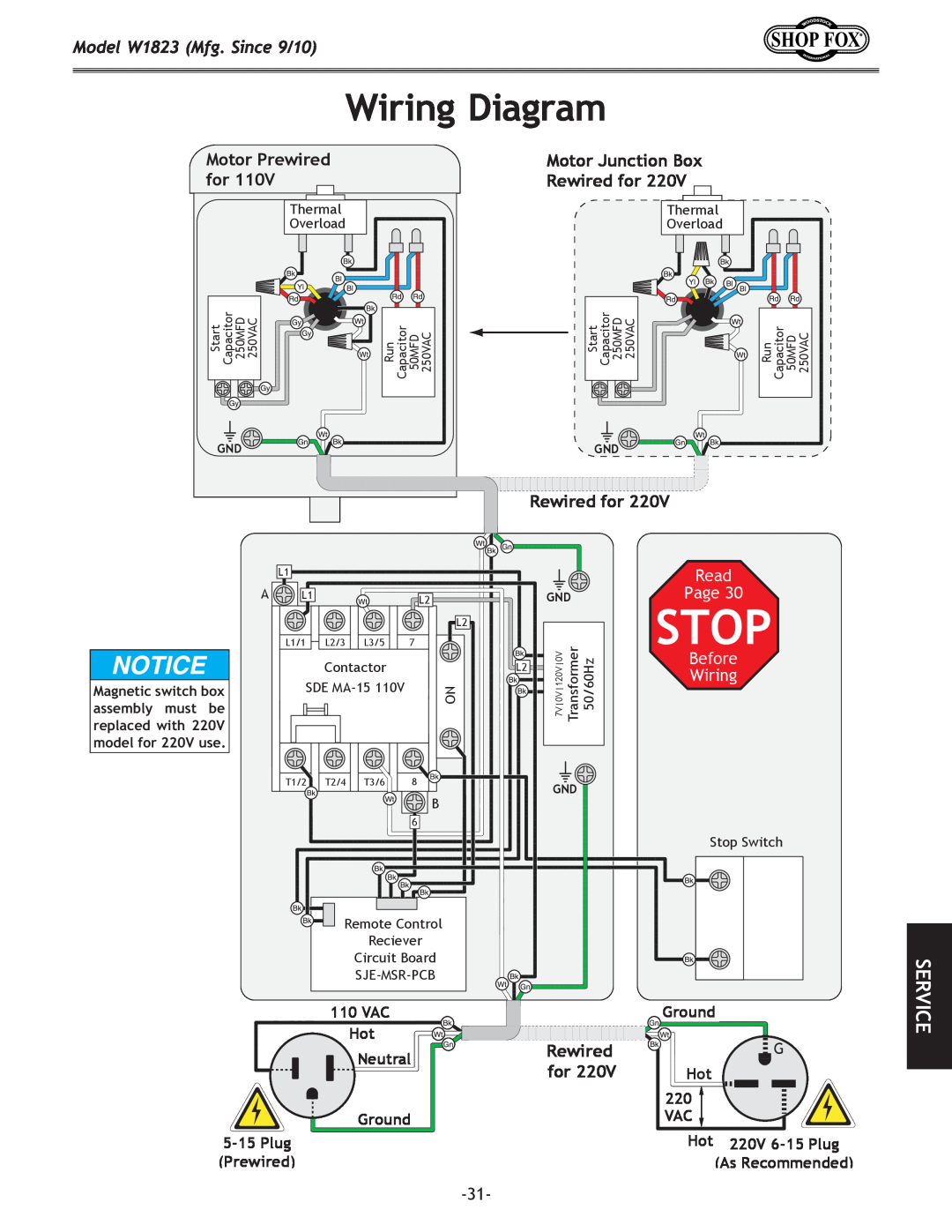 Woodstock Wiring Diagram, Stop, Model W1823 Mfg. Since 9/10, Motor Prewired, Motor Junction Box, Rewired for, Read 