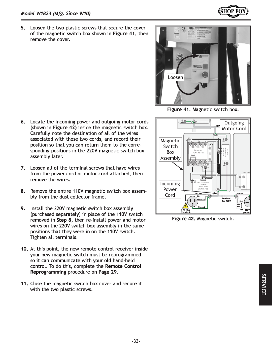 Woodstock manual Model W1823 Mfg. Since 9/10, Loosen . Magnetic switch box 