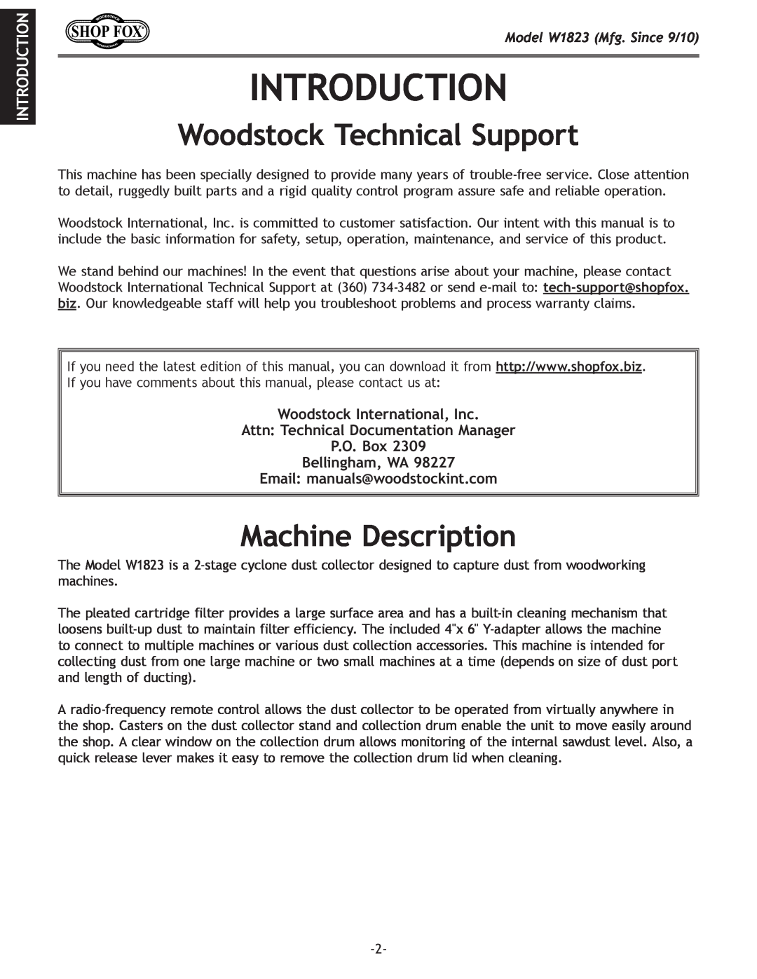 Woodstock manual Introduction, Woodstock Technical Support, Machine Description, Model W1823 Mfg. Since 9/10 