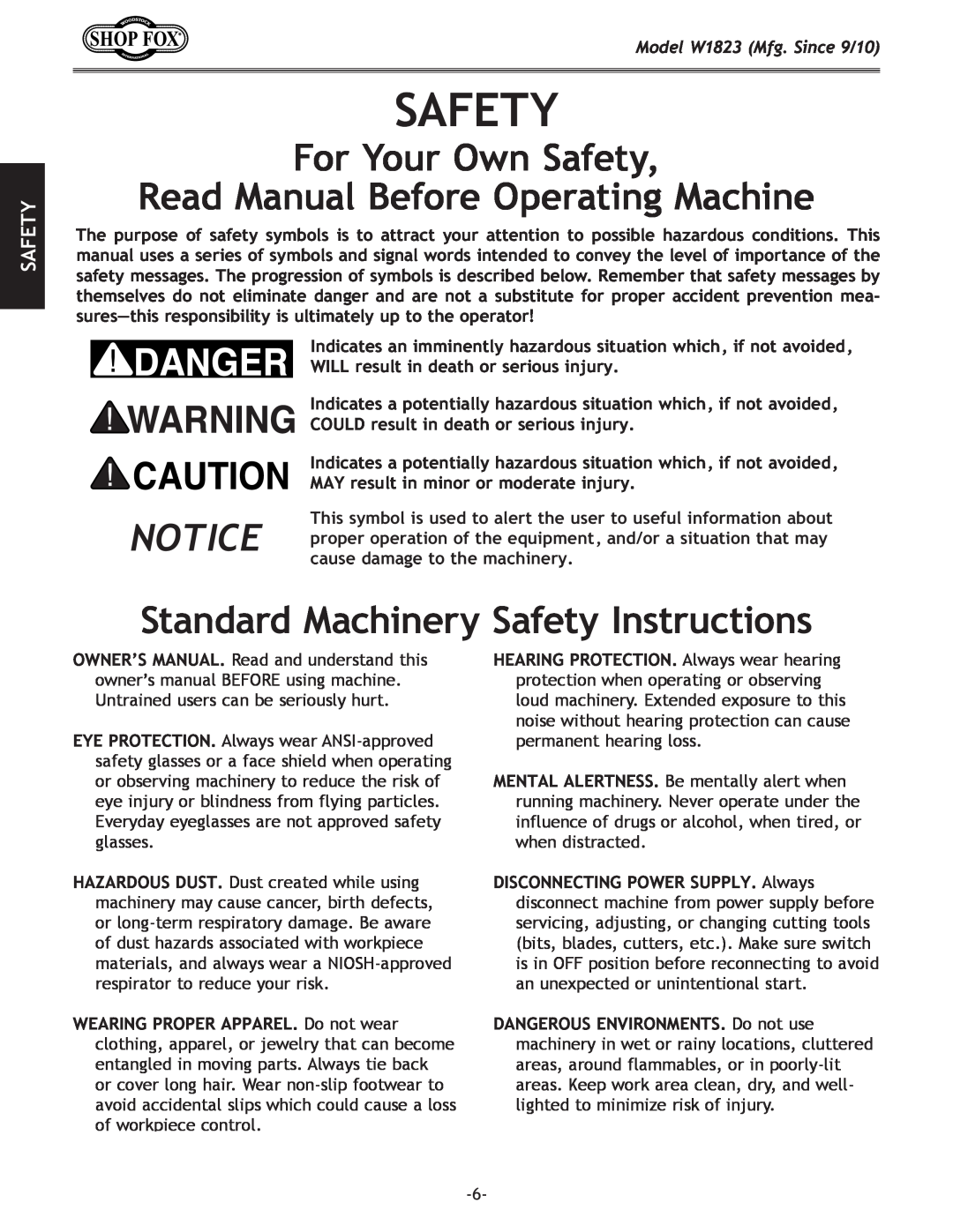 Woodstock manual SAFETYJ8= KP, For Your Own Safety, Read Manual Before Operating Machine, Model W1823 Mfg. Since 9/10 