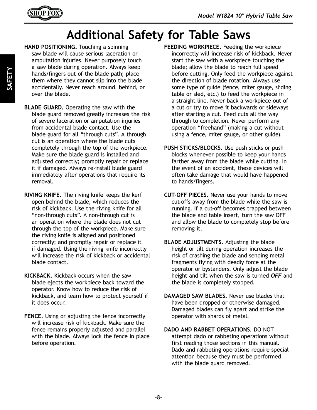 Woodstock W1824 manual Additional Safety for Table Saws 