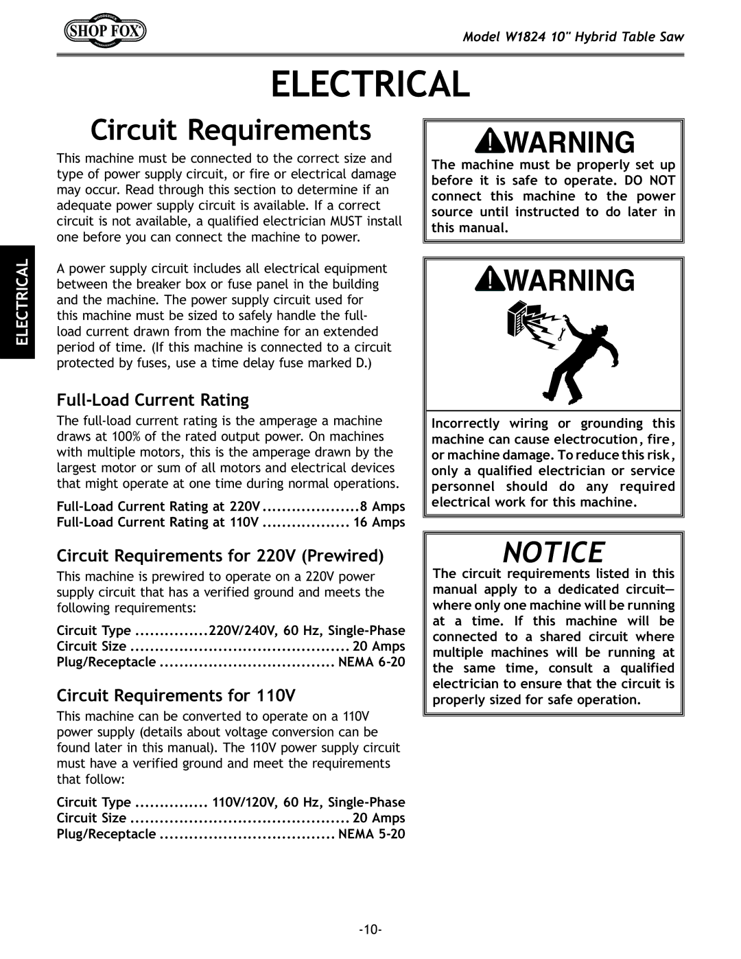 Woodstock W1824 manual Electrical, Full-Load Current Rating, Circuit Requirements for 220V Prewired 