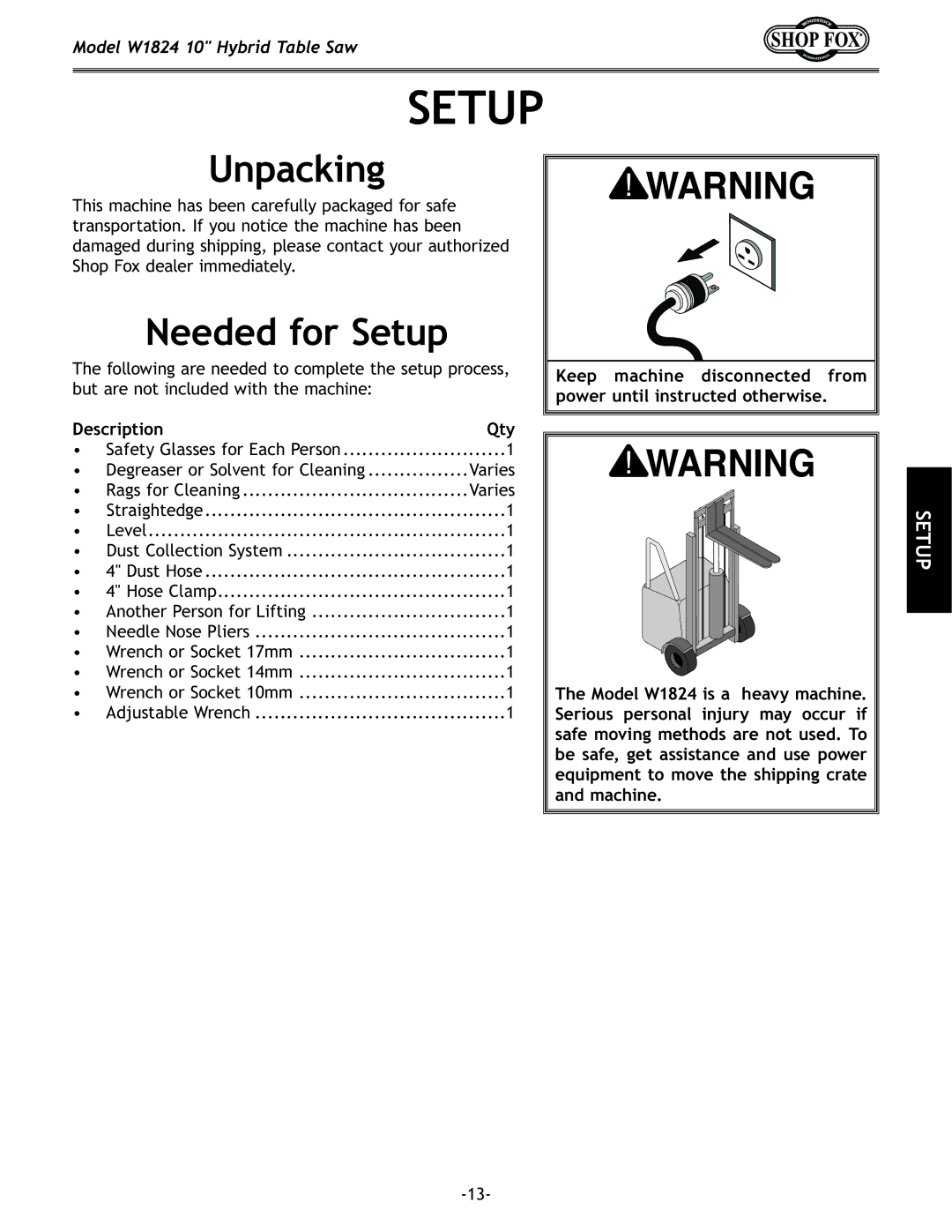 Woodstock W1824 manual Unpacking, Needed for Setup, Description Qty 