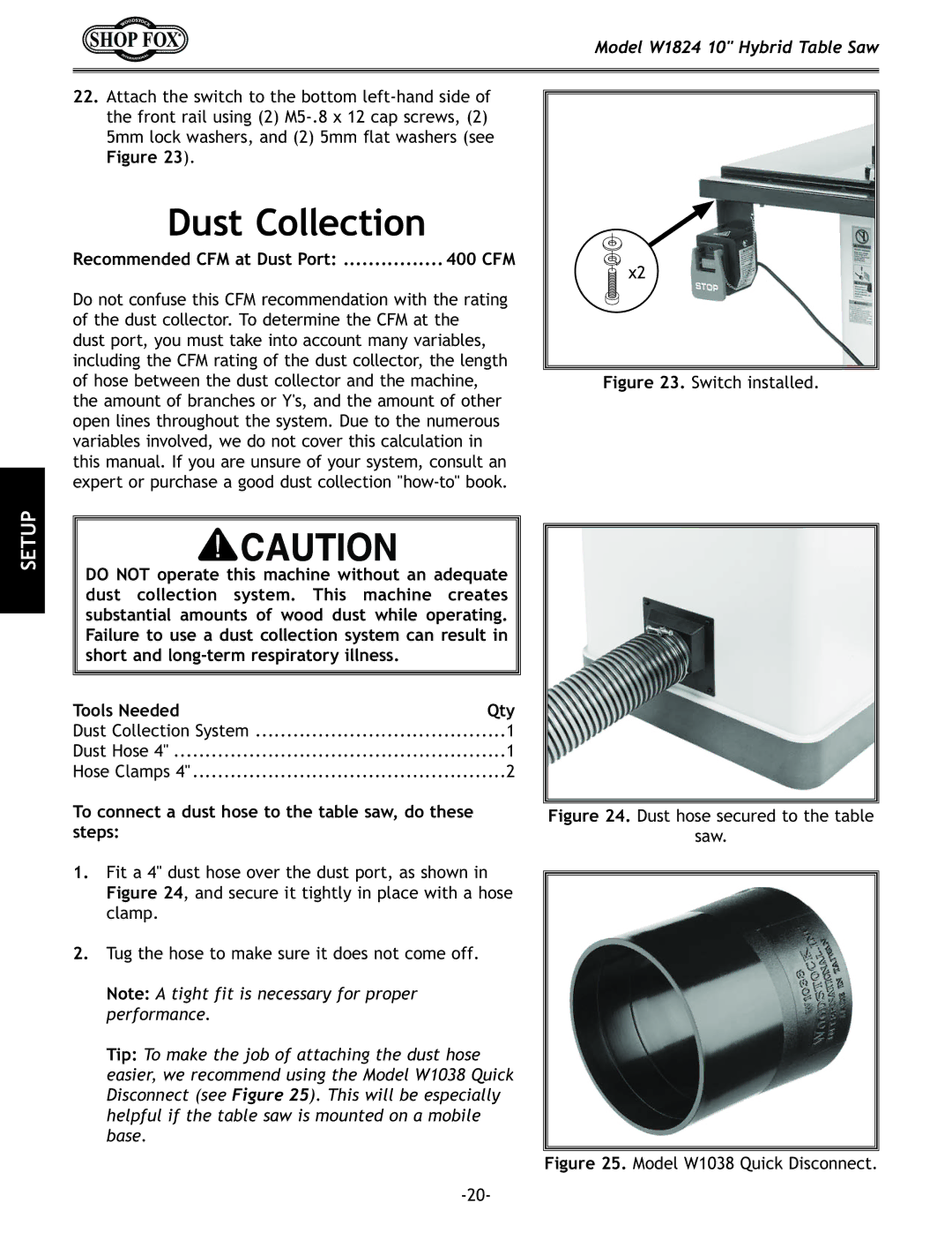 Woodstock W1824 manual Dust Collection, To connect a dust hose to the table saw, do these Steps 