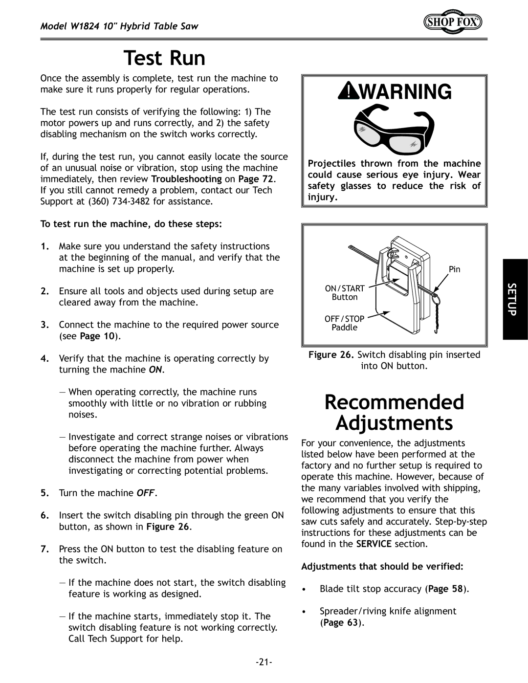 Woodstock W1824 manual Test Run, Recommended Adjustments, To test run the machine, do these steps 