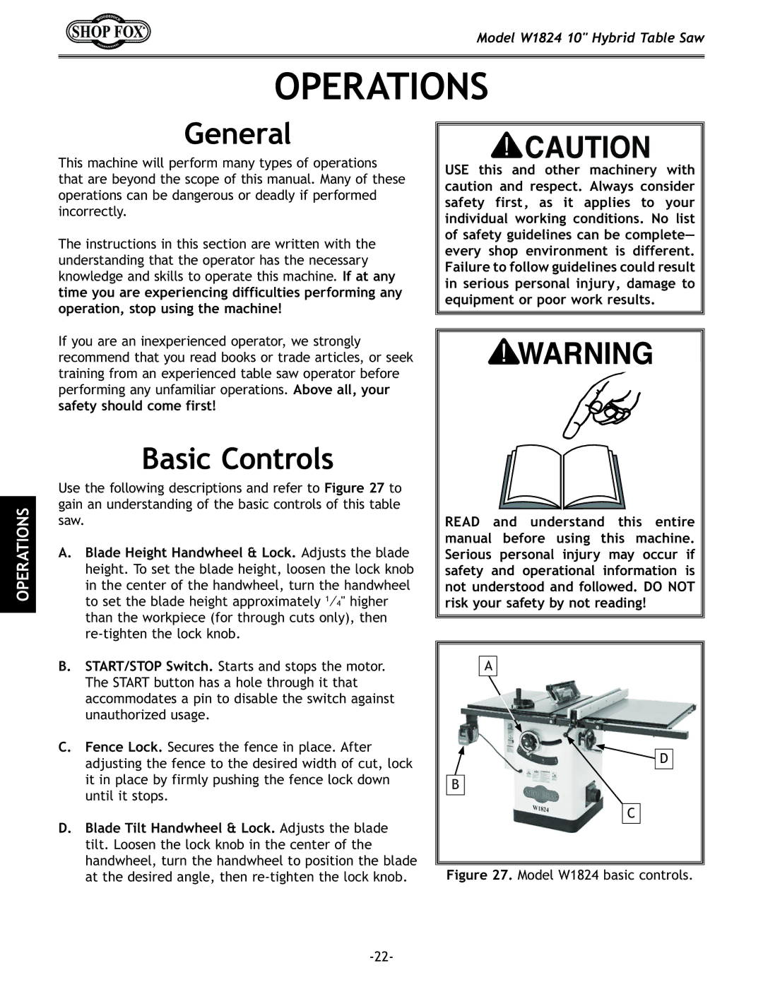 Woodstock W1824 manual Operations, General, Basic Controls 