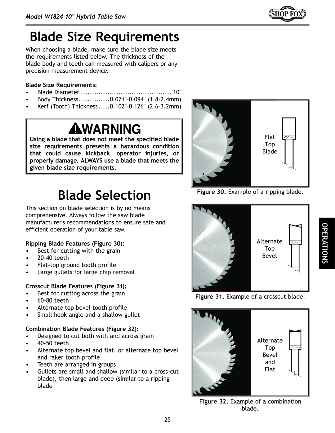 Woodstock W1824 manual Blade Size Requirements, Blade Selection 