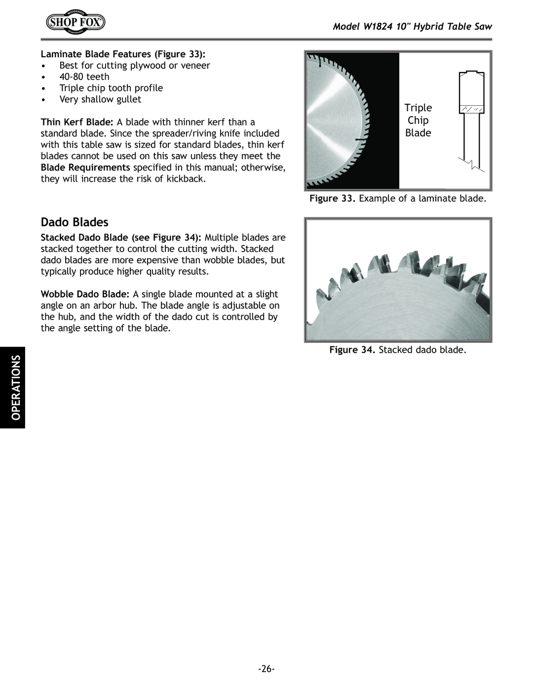 Woodstock W1824 manual Dado Blades, Laminate Blade Features Figure 