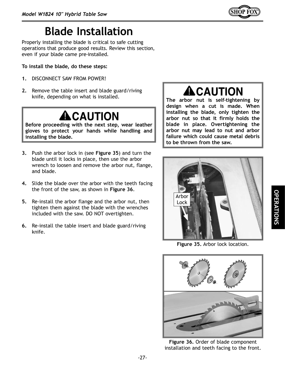 Woodstock W1824 manual Blade Installation, To install the blade, do these steps 