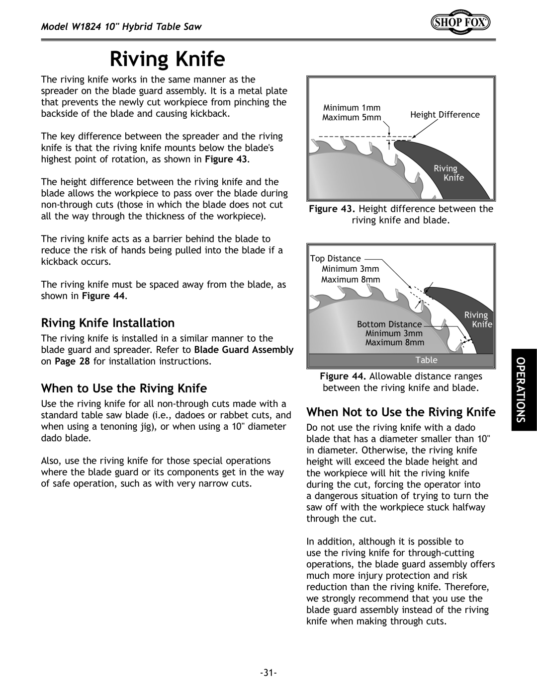 Woodstock W1824 manual Riving Knife Installation, When to Use the Riving Knife 