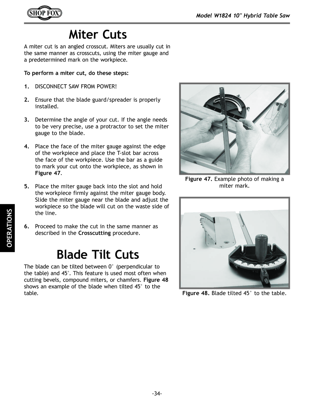 Woodstock W1824 manual Miter Cuts, Blade Tilt Cuts, To perform a miter cut, do these steps 