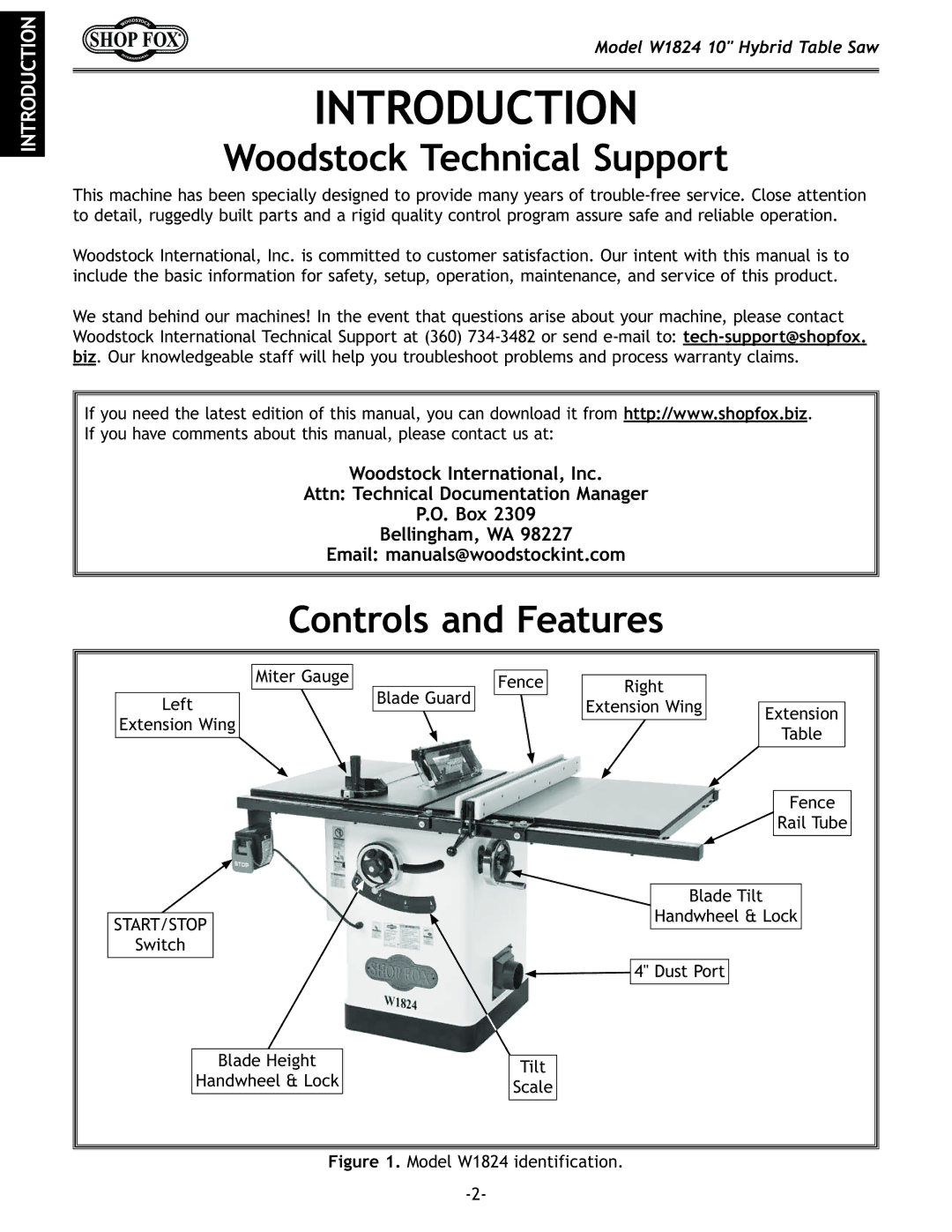 Woodstock W1824 manual Introduction, Woodstock Technical Support, Controls and Features 