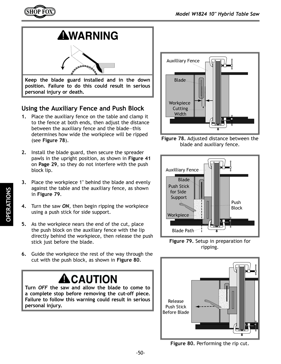 Woodstock W1824 manual Using the Auxiliary Fence and Push Block, Adjusted distance between Blade and auxiliary fence 