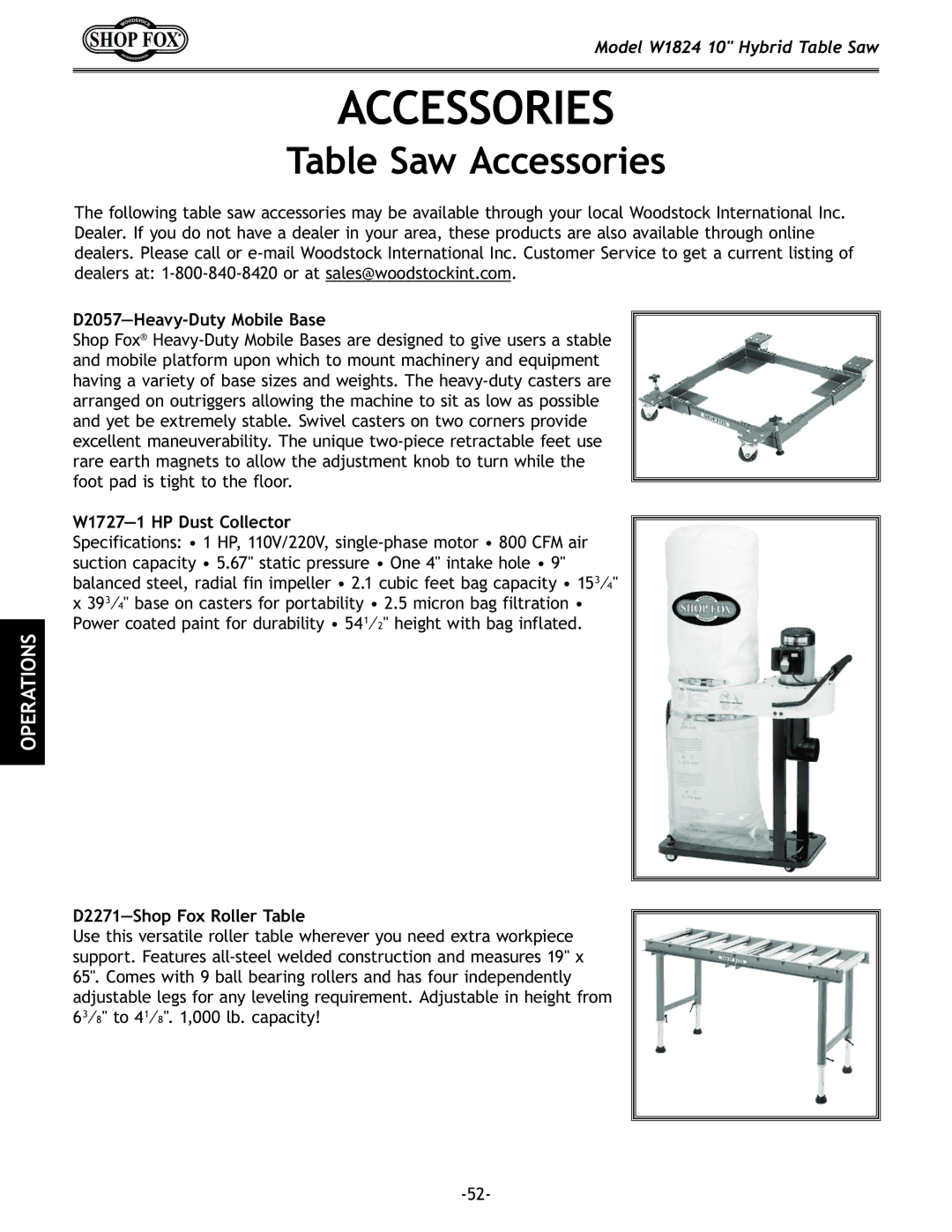 Woodstock W1824 manual Table Saw Accessories, D2057-Heavy-Duty Mobile Base, W1727-1 HP Dust Collector 