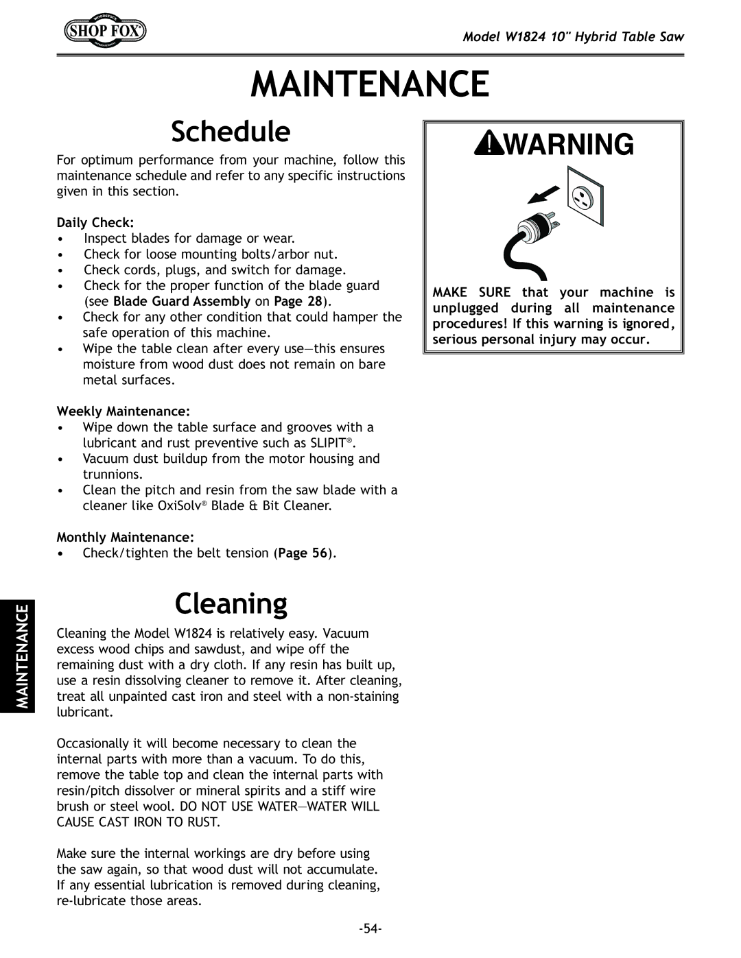 Woodstock W1824 manual Maintenance, Schedule, Cleaning 