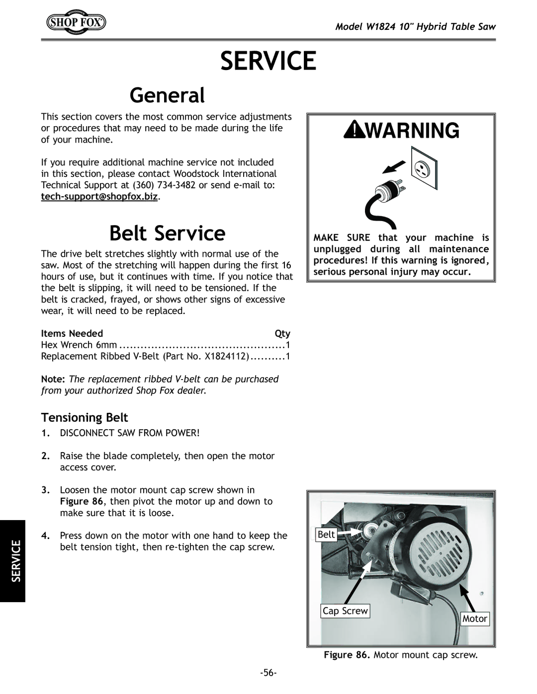 Woodstock W1824 manual Belt Service, Tensioning Belt 