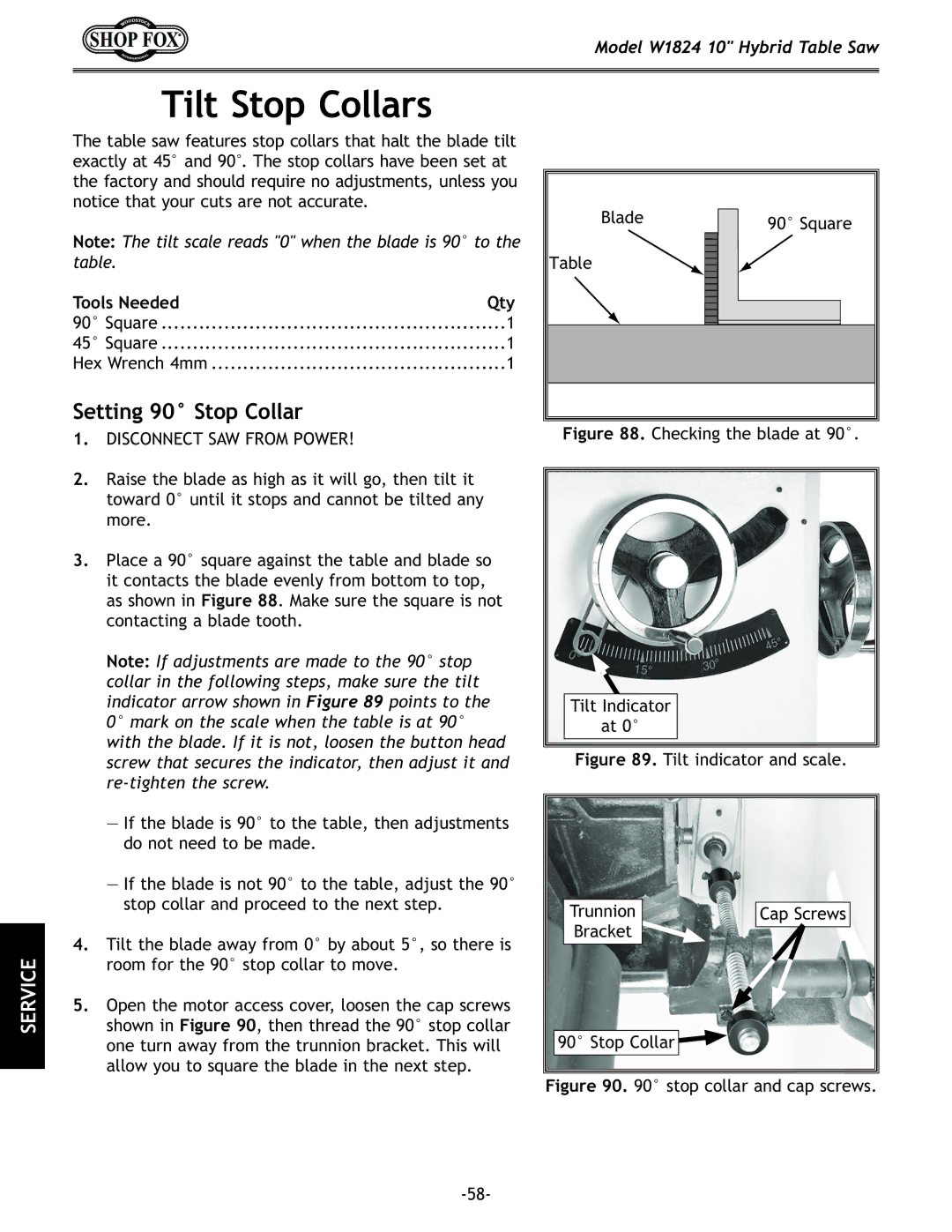 Woodstock W1824 manual Tilt Stop Collars, Setting 90 Stop Collar 