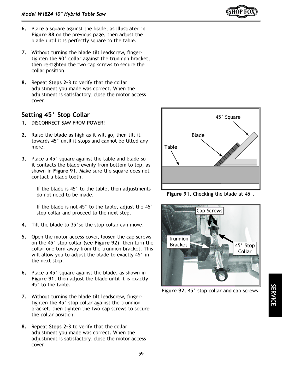 Woodstock W1824 manual Setting 45 Stop Collar 