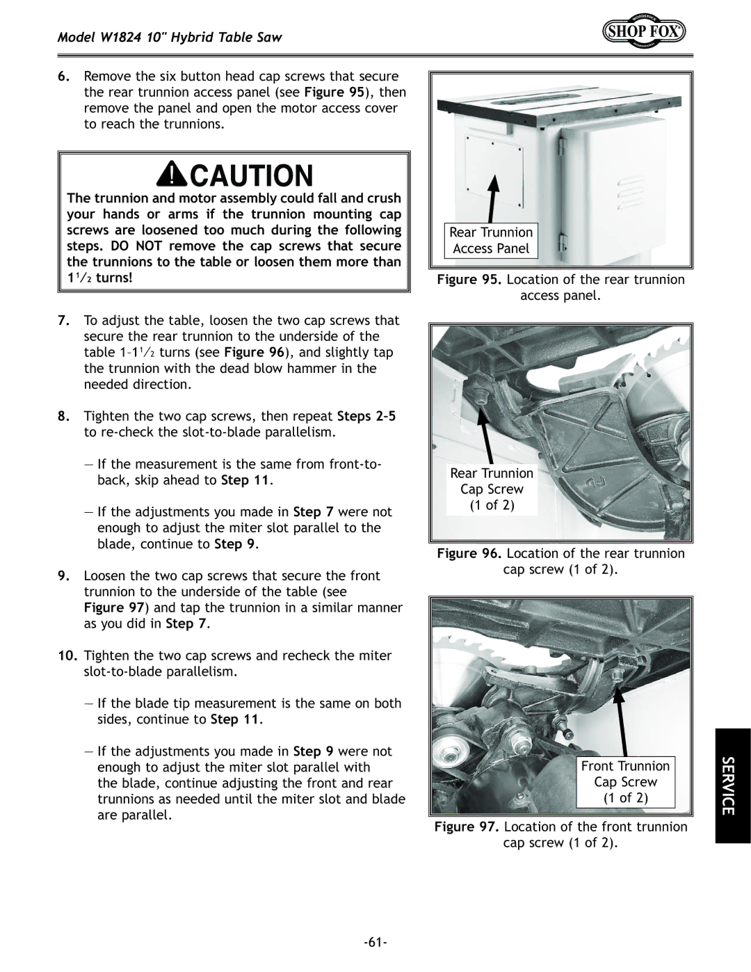 Woodstock W1824 manual Location of the front trunnion Cap screw 1 