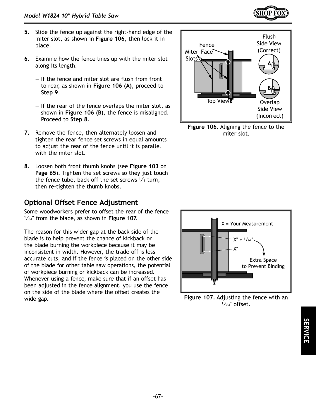 Woodstock W1824 manual Optional Offset Fence Adjustment, Aligning the fence to Miter slot 