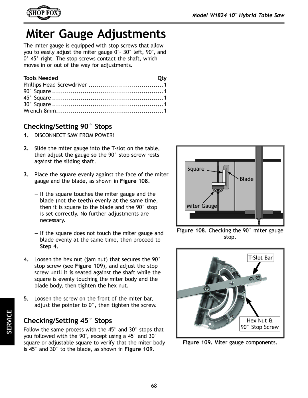 Woodstock W1824 manual Miter Gauge Adjustments, Checking/Setting 90 Stops, Checking/Setting 45 Stops 