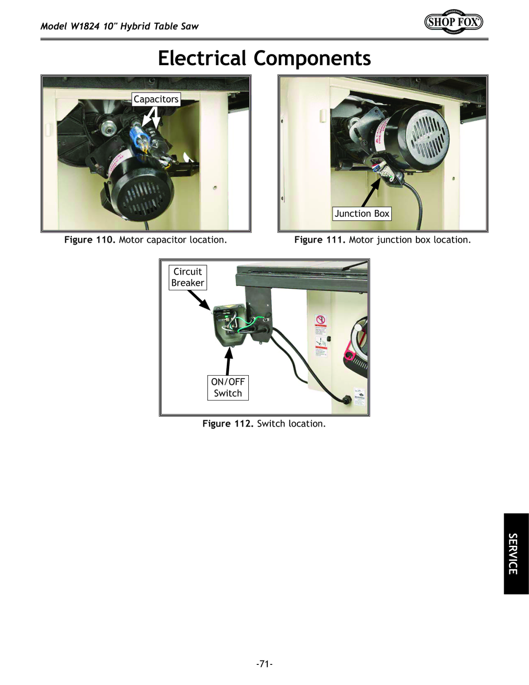 Woodstock W1824 manual Electrical Components, Motor capacitor location 