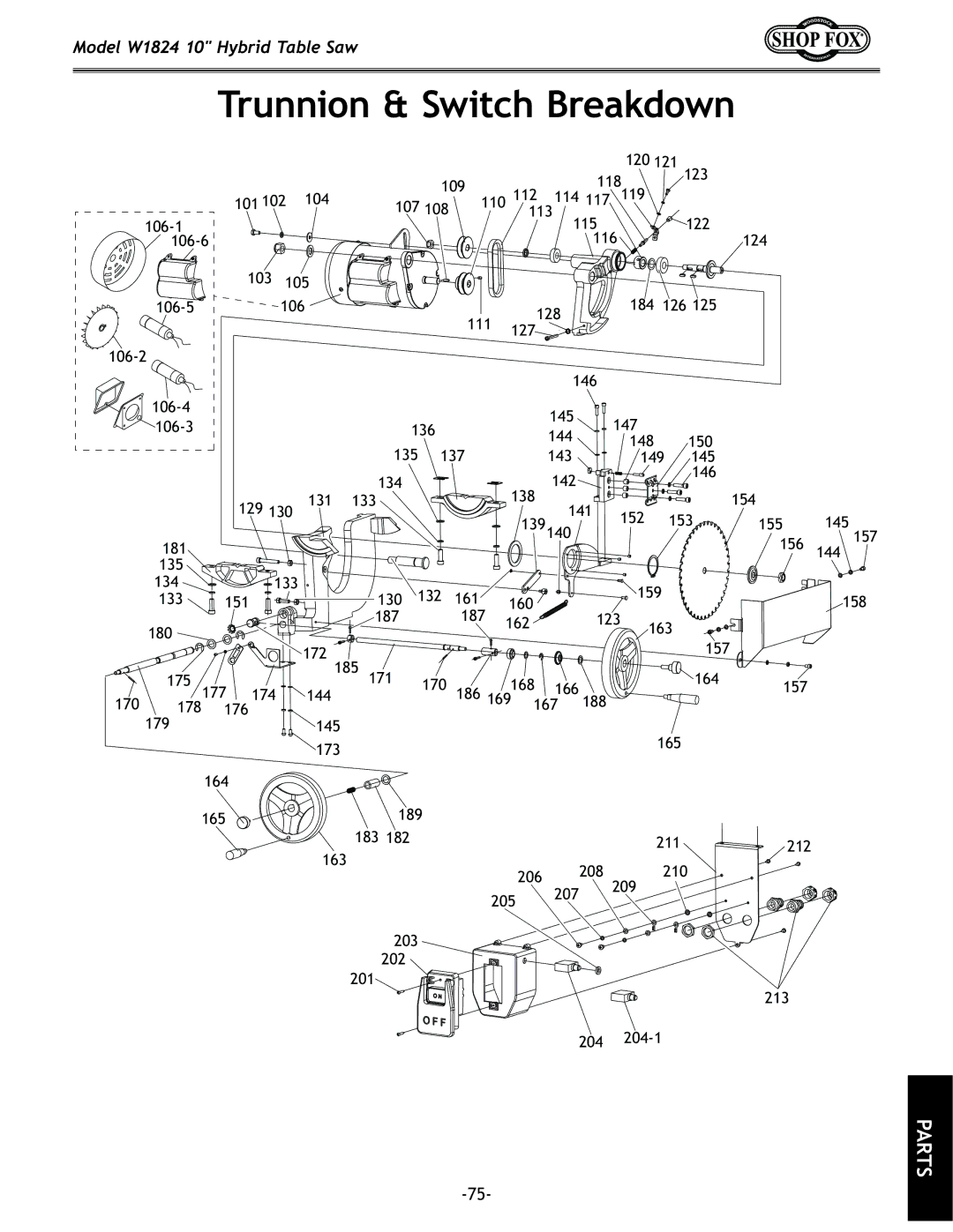 Woodstock W1824 manual Trunnion & Switch Breakdown 