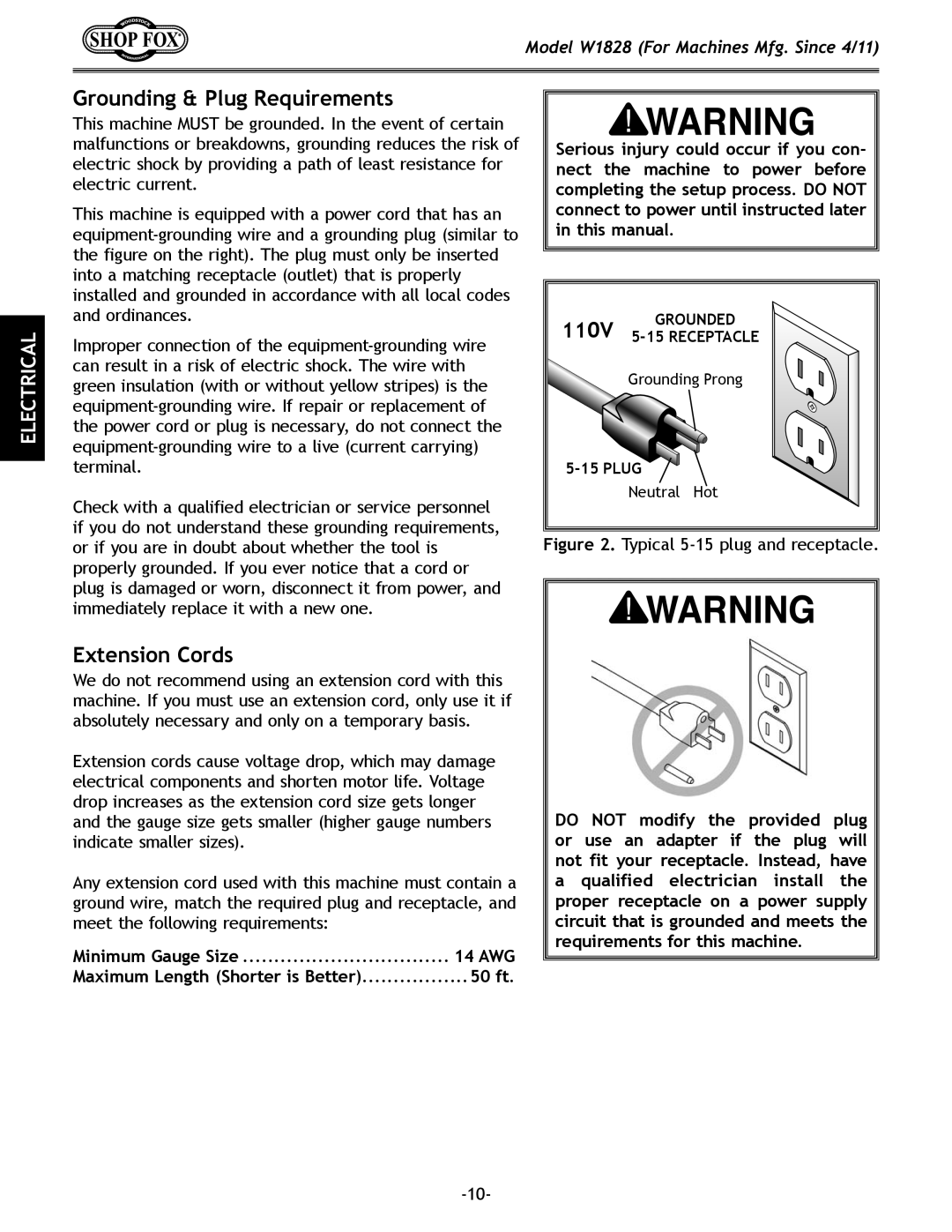 Woodstock W1828 owner manual Grounding & Plug Requirements, 50 ft 