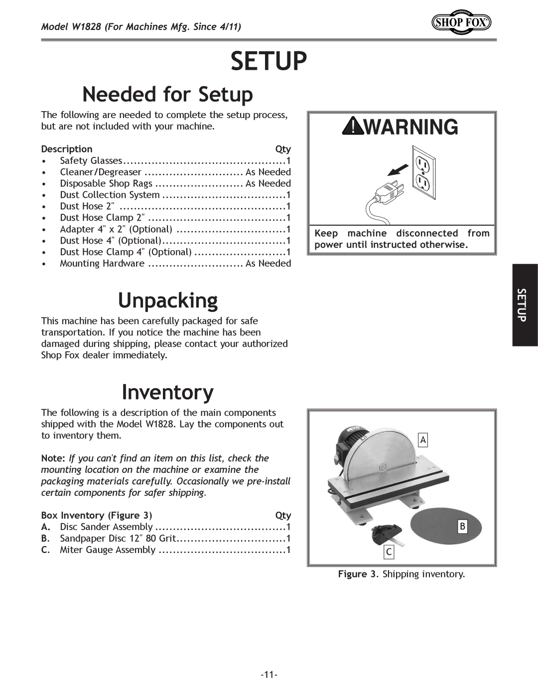 Woodstock W1828 owner manual Needed for Setup, Unpacking, Inventory 