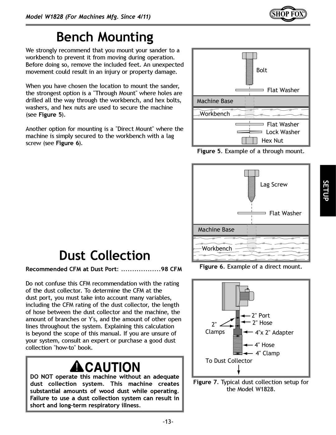 Woodstock W1828 owner manual Bench Mounting, Dust Collection 