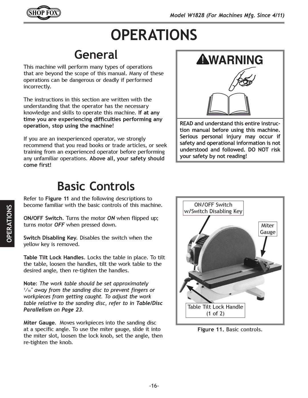 Woodstock W1828 owner manual Operations, General, Basic Controls 