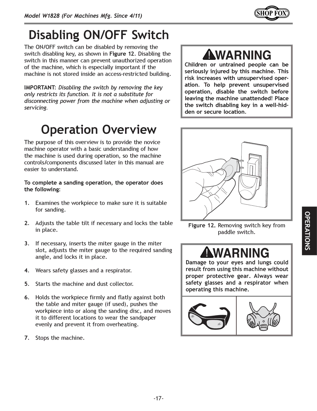 Woodstock W1828 owner manual Disabling ON/OFF Switch, Operation Overview 