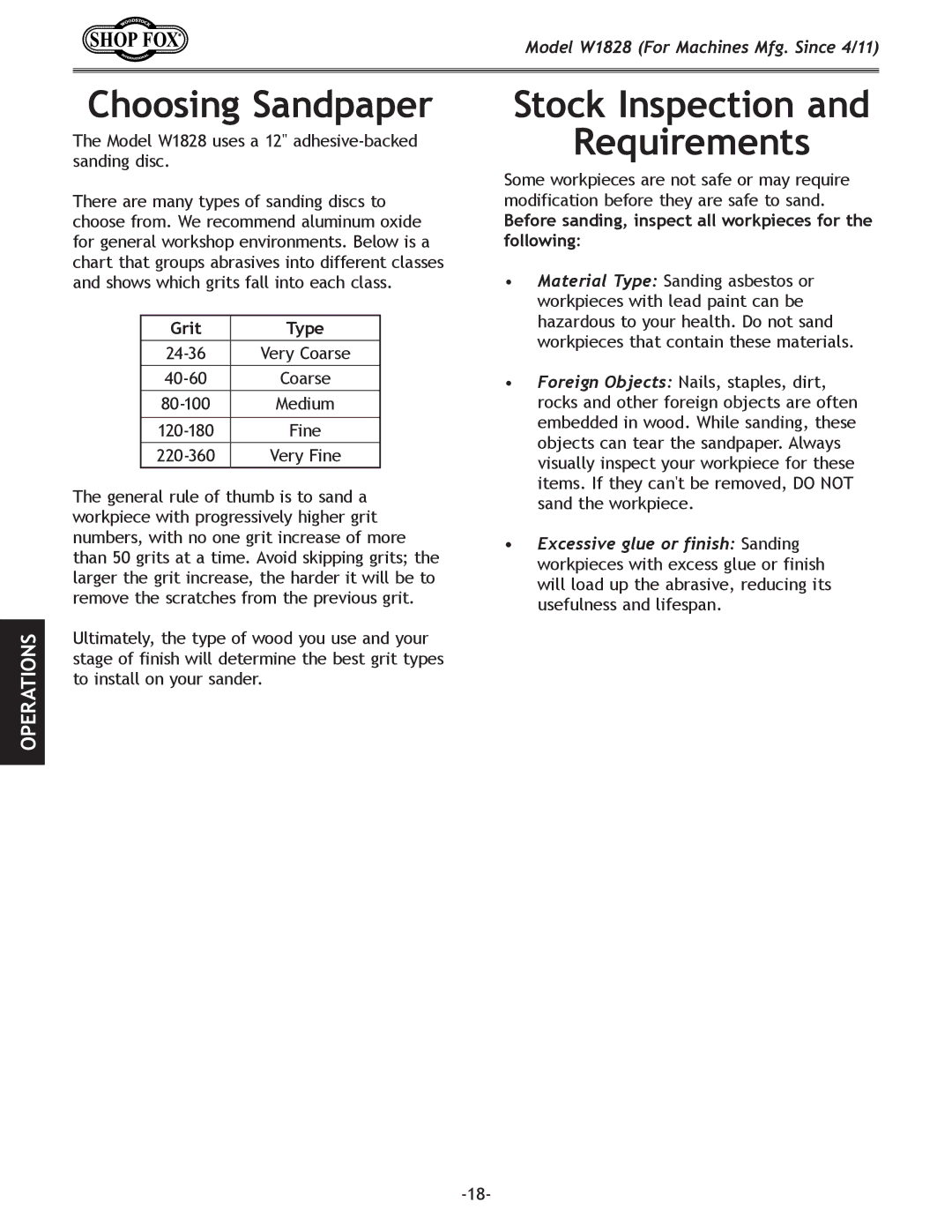 Woodstock W1828 owner manual Choosing Sandpaper, Stock Inspection Requirements, Grit Type 