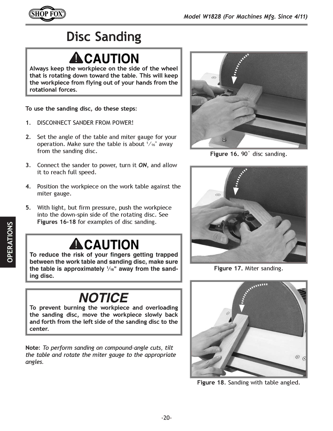 Woodstock W1828 owner manual Disc Sanding, Disconnect Sander from Power 