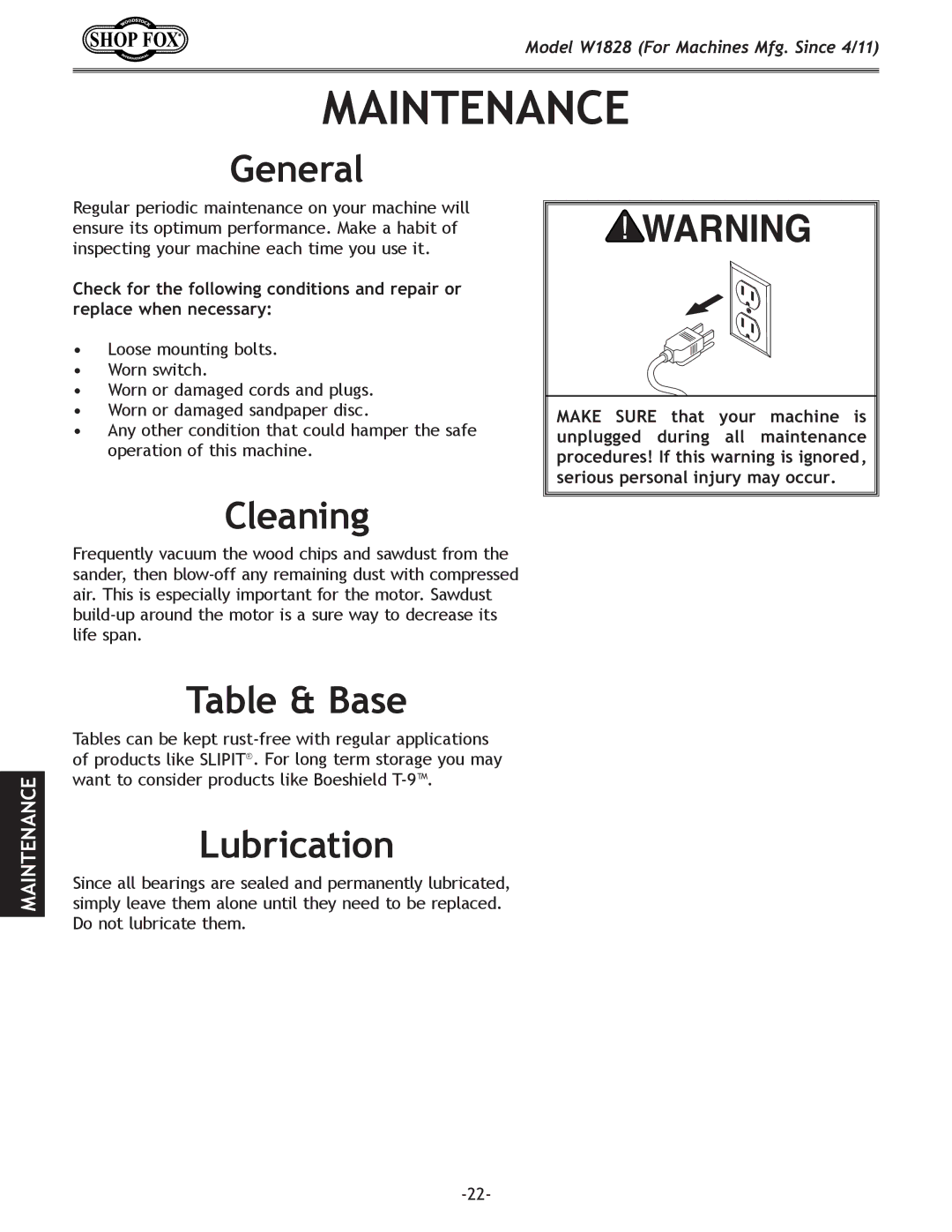 Woodstock W1828 owner manual Maintenance, Cleaning, Table & Base, Lubrication 