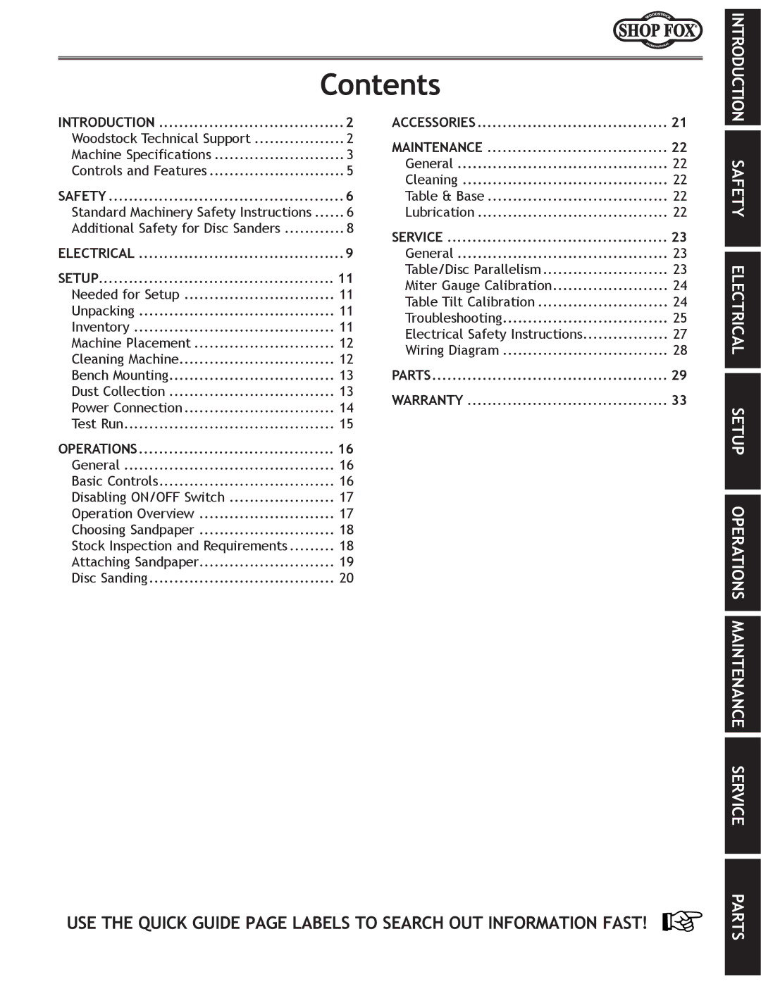 Woodstock W1828 owner manual Contents 