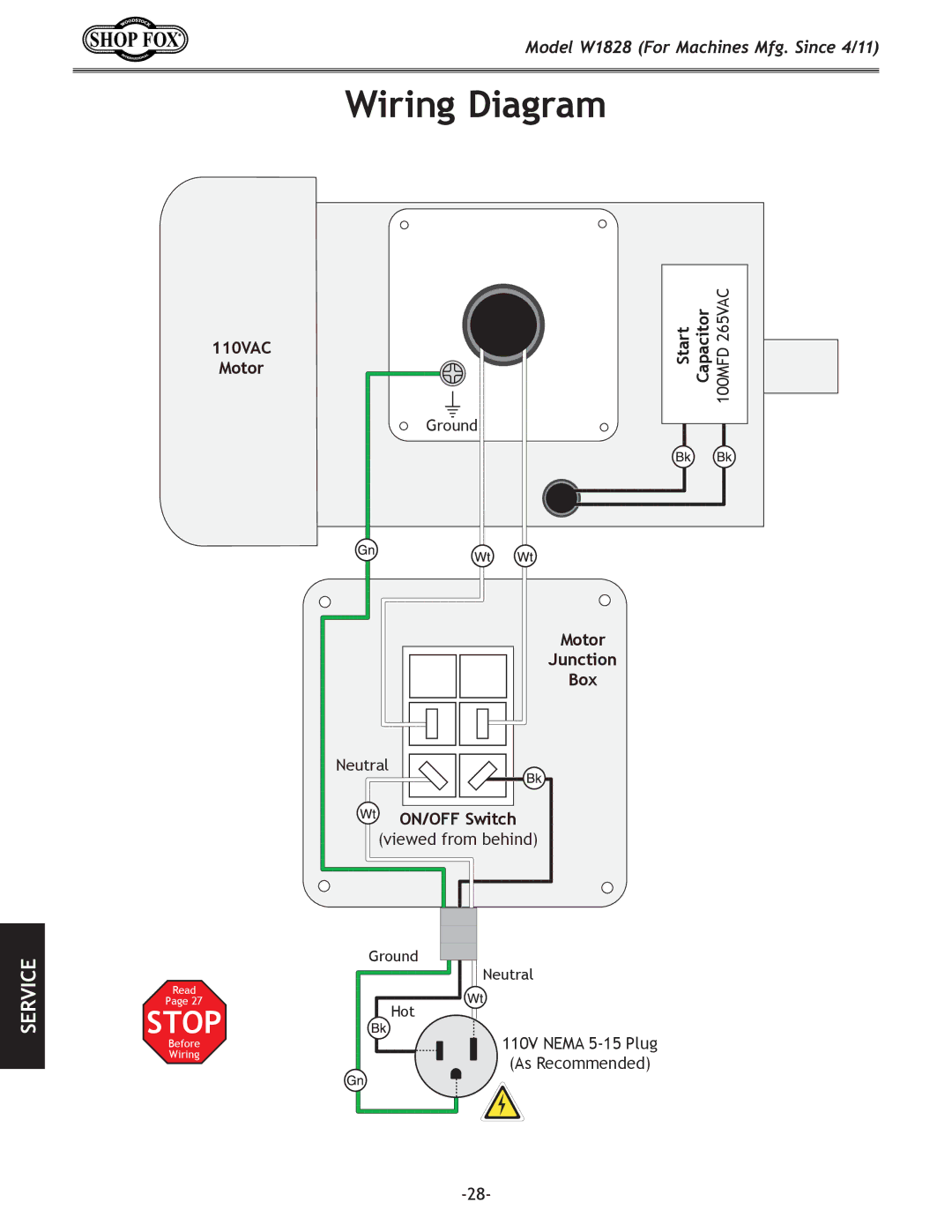 Woodstock W1828 owner manual Wiring Diagram, Stop 