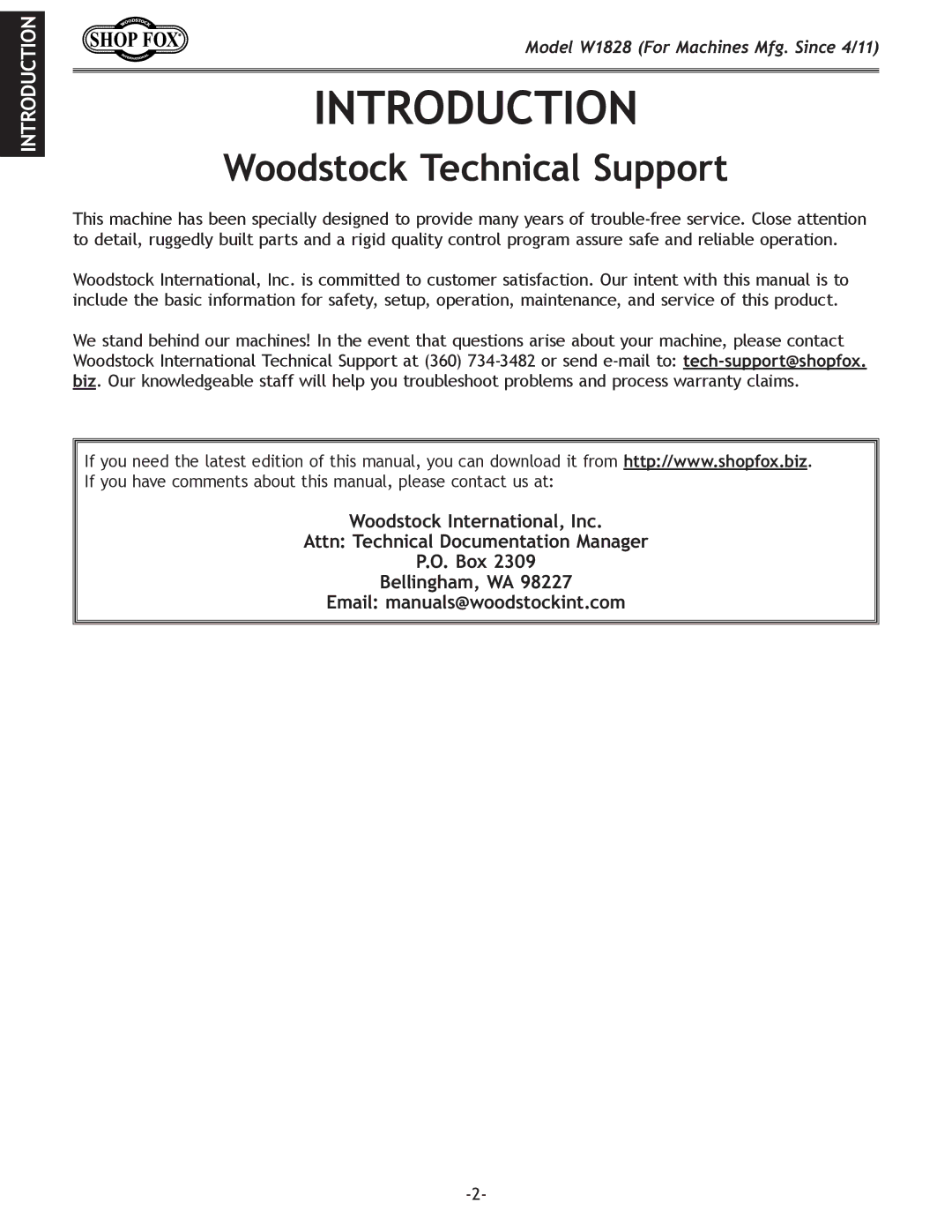 Woodstock W1828 owner manual Introduction, Woodstock Technical Support 