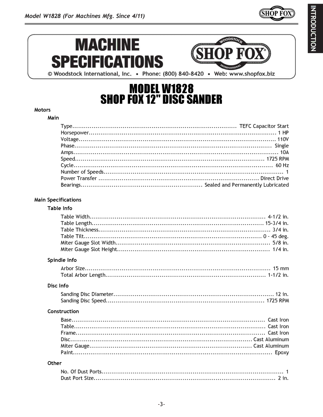 Woodstock W1828 owner manual Shop FOX 12 Disc Sander 