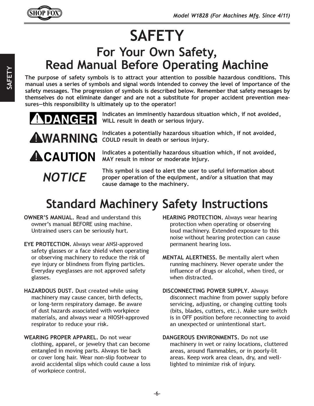 Woodstock W1828 For Your Own Safety Read Manual Before Operating Machine, Standard Machinery Safety Instructions 