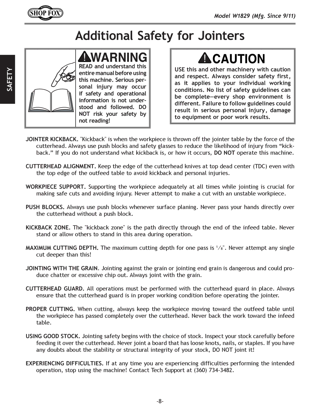 Woodstock W1829 manual Additional Safety for Jointers 