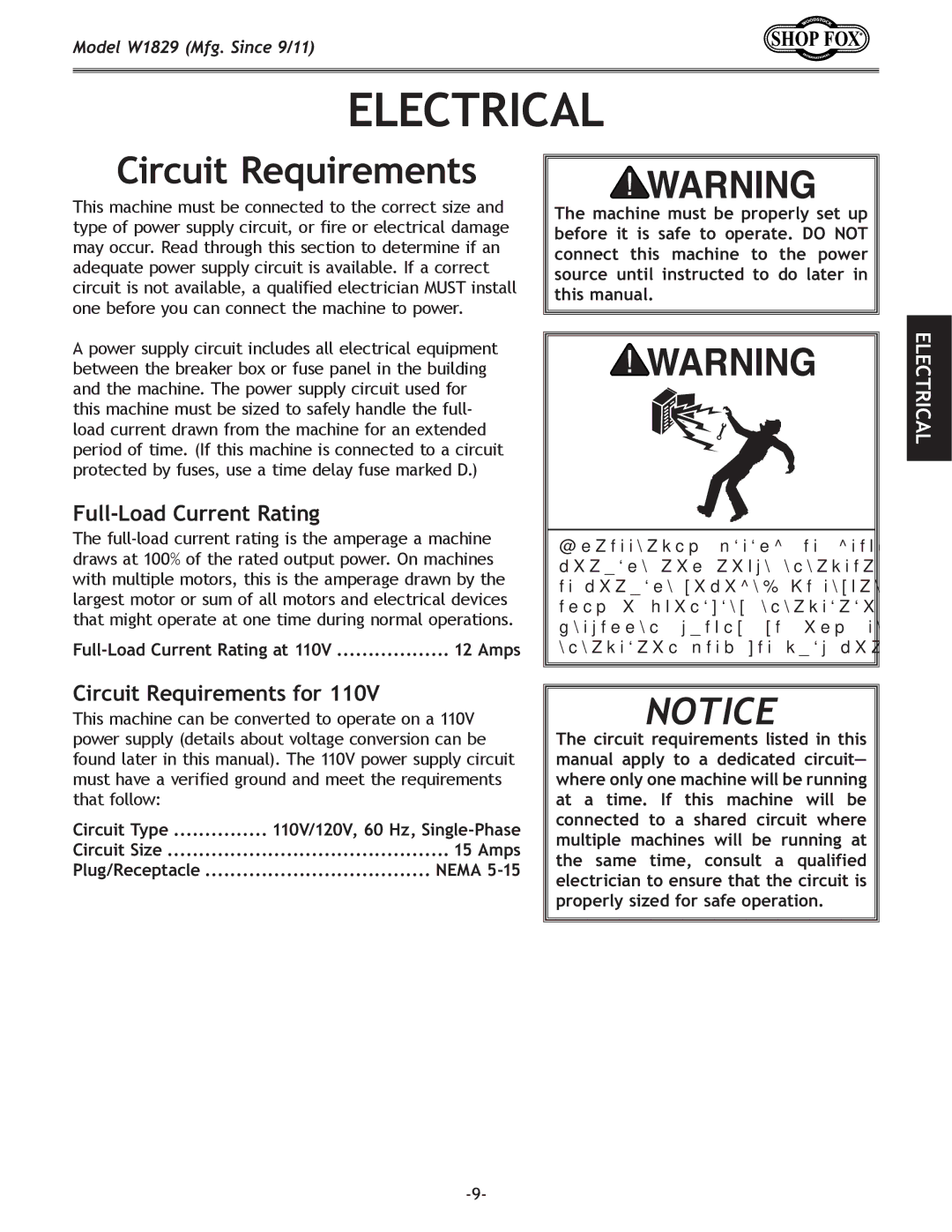 Woodstock W1829 manual Electrical, Full-Load Current Rating, Circuit Requirements for 