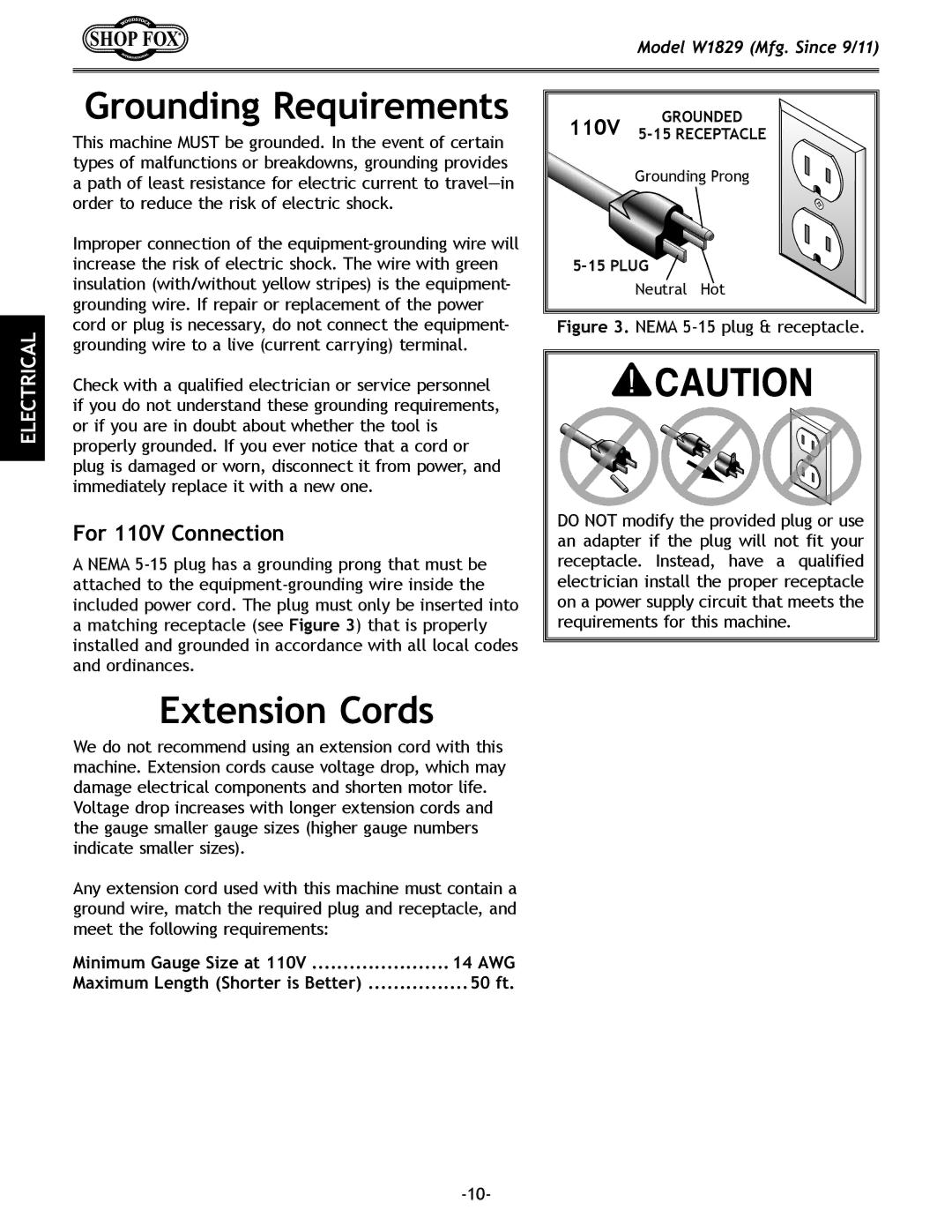 Woodstock W1829 manual Grounding Requirements, Extension Cords, For 110V Connection 