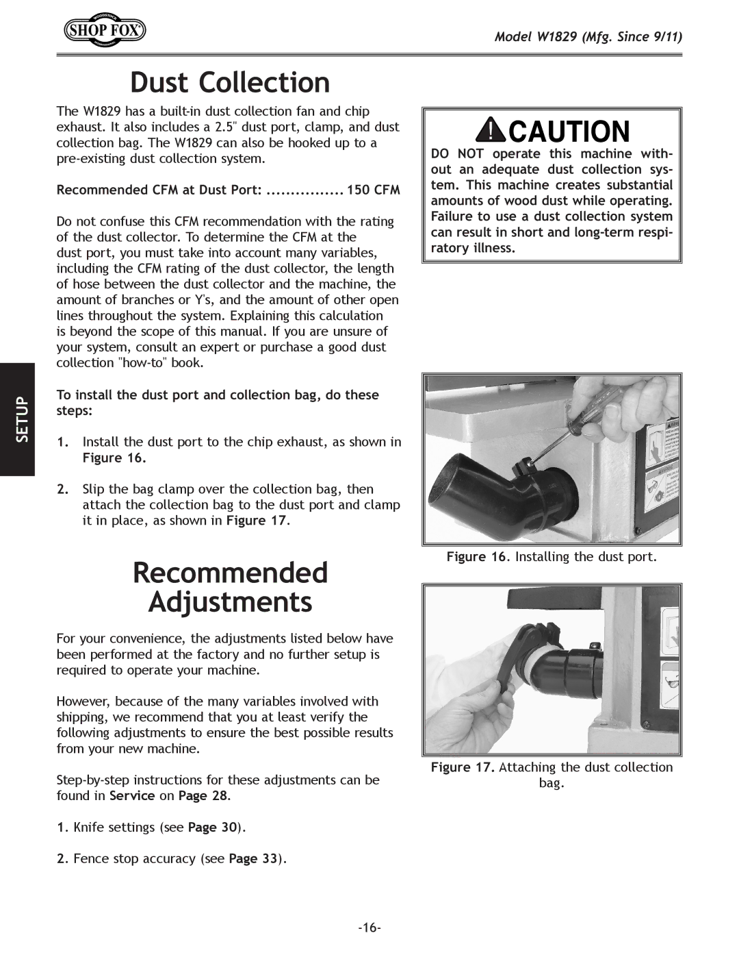 Woodstock W1829 manual Dust Collection, Recommended Adjustments, Recommended CFM at Dust Port 