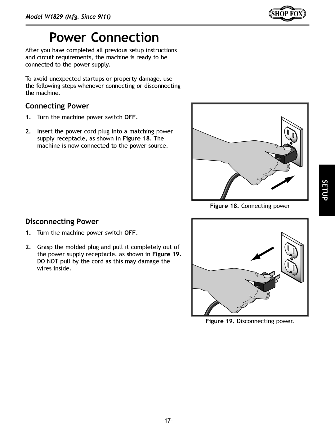 Woodstock W1829 manual Power Connection, Connecting Power 