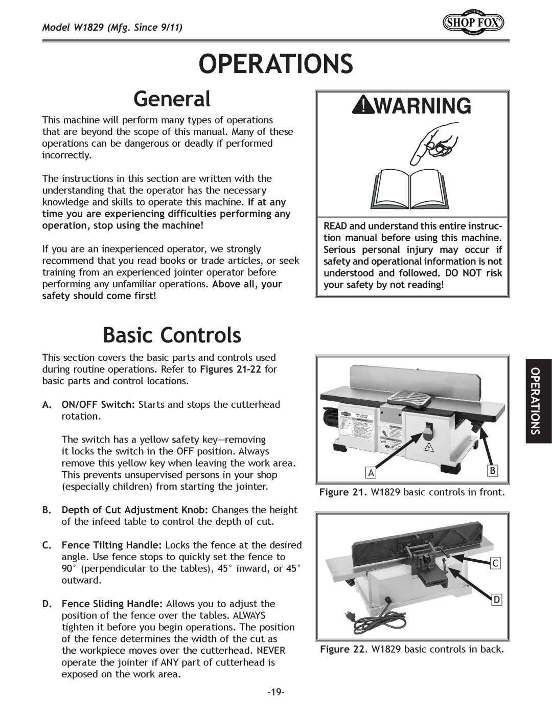 Woodstock W1829 manual Operations, General, Basic Controls 