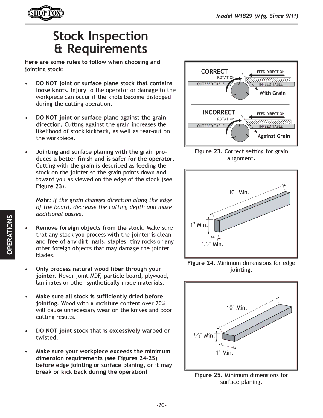 Woodstock W1829 manual Stock Inspection Requirements, Correct setting for grain Alignment 